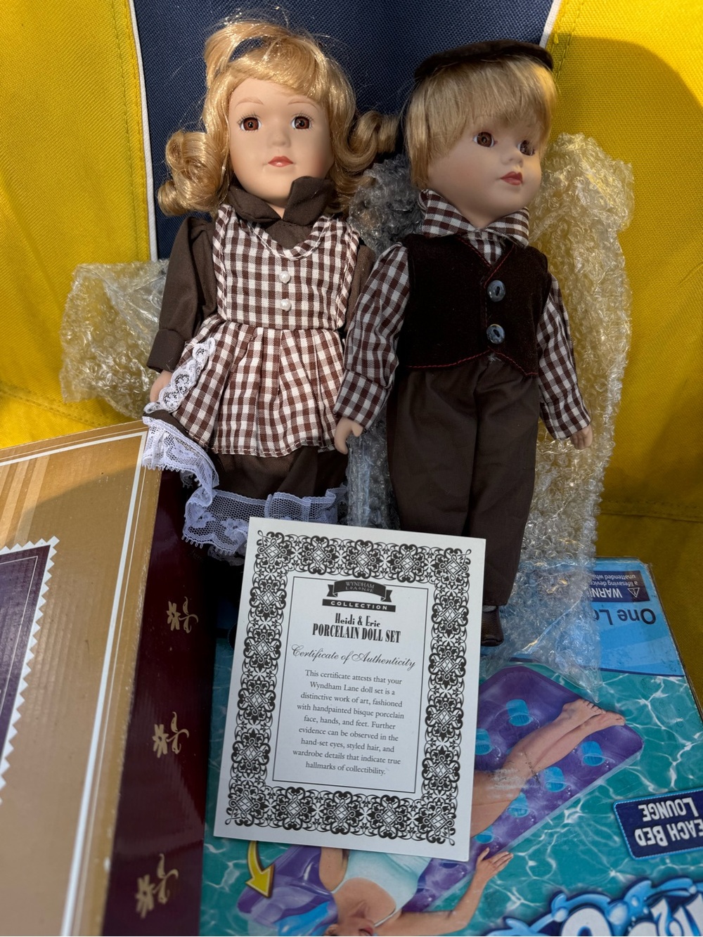 Porcelain Doll Set - Brown Gingham Girl & Brown Boy Costume
